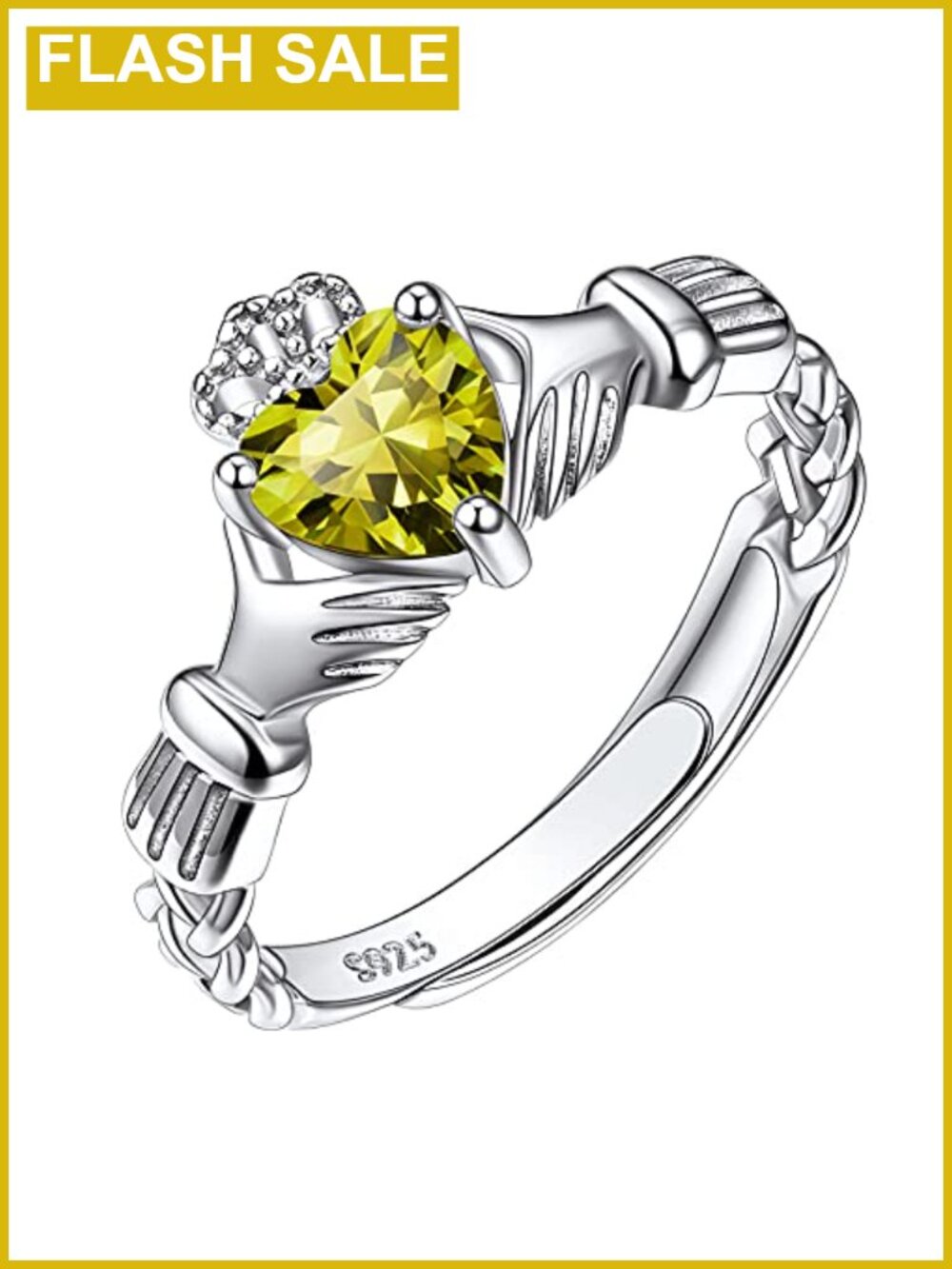 925 Sterling Silver Claddagh Heart Birthstone Adjustable Ring